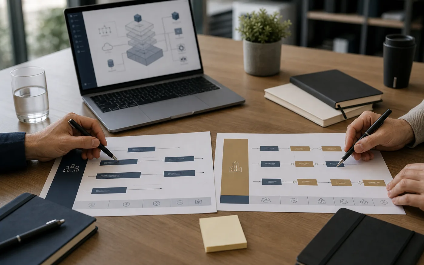 Mesa de trabajo comparando rutas de implementación con consultoría especializada y equipo interno.